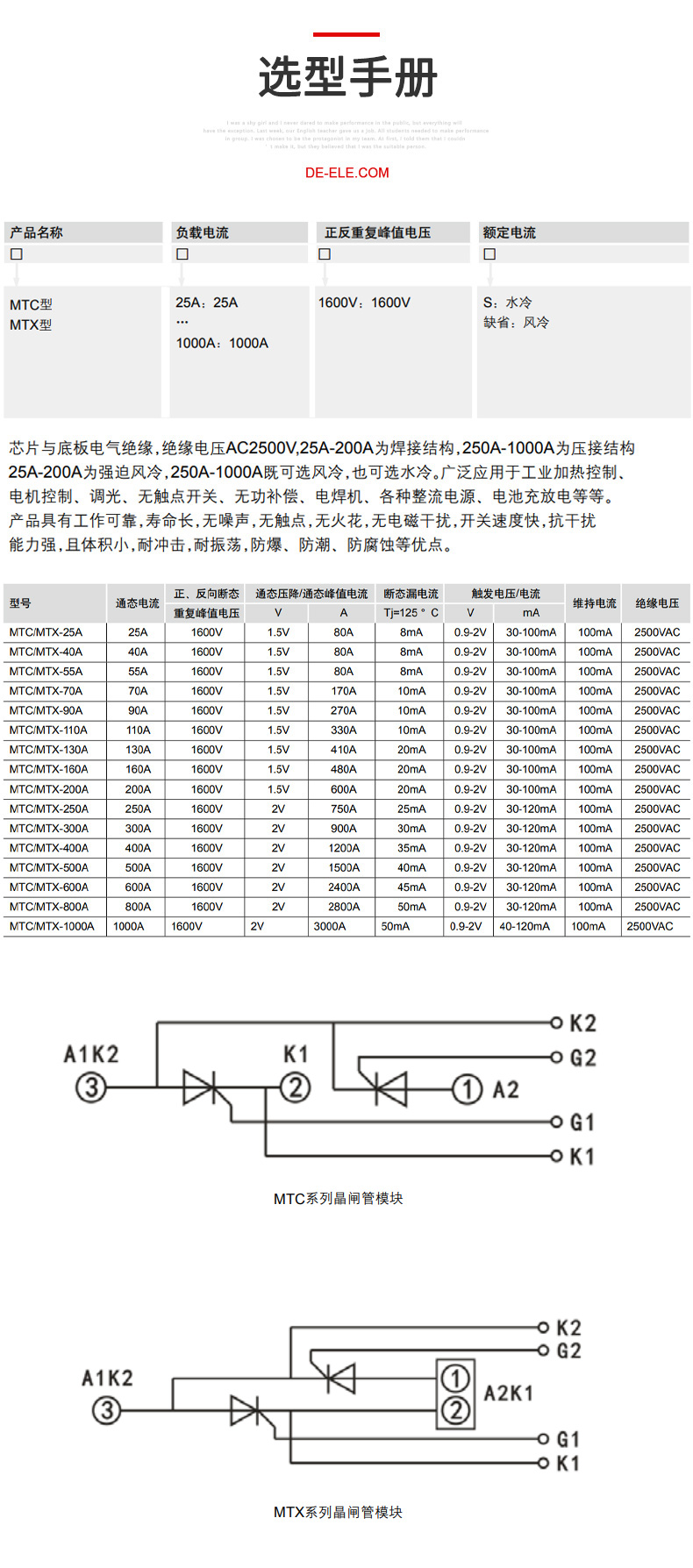 德力西MTC/MTX晶閘管模塊 大功率晶閘管可控硅模塊控制器 單雙向大功率整流器 峰值1600V風(fēng)冷水冷型